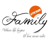 Family wall sticker with quote 'Where life begins & love never ends' in elegant script.