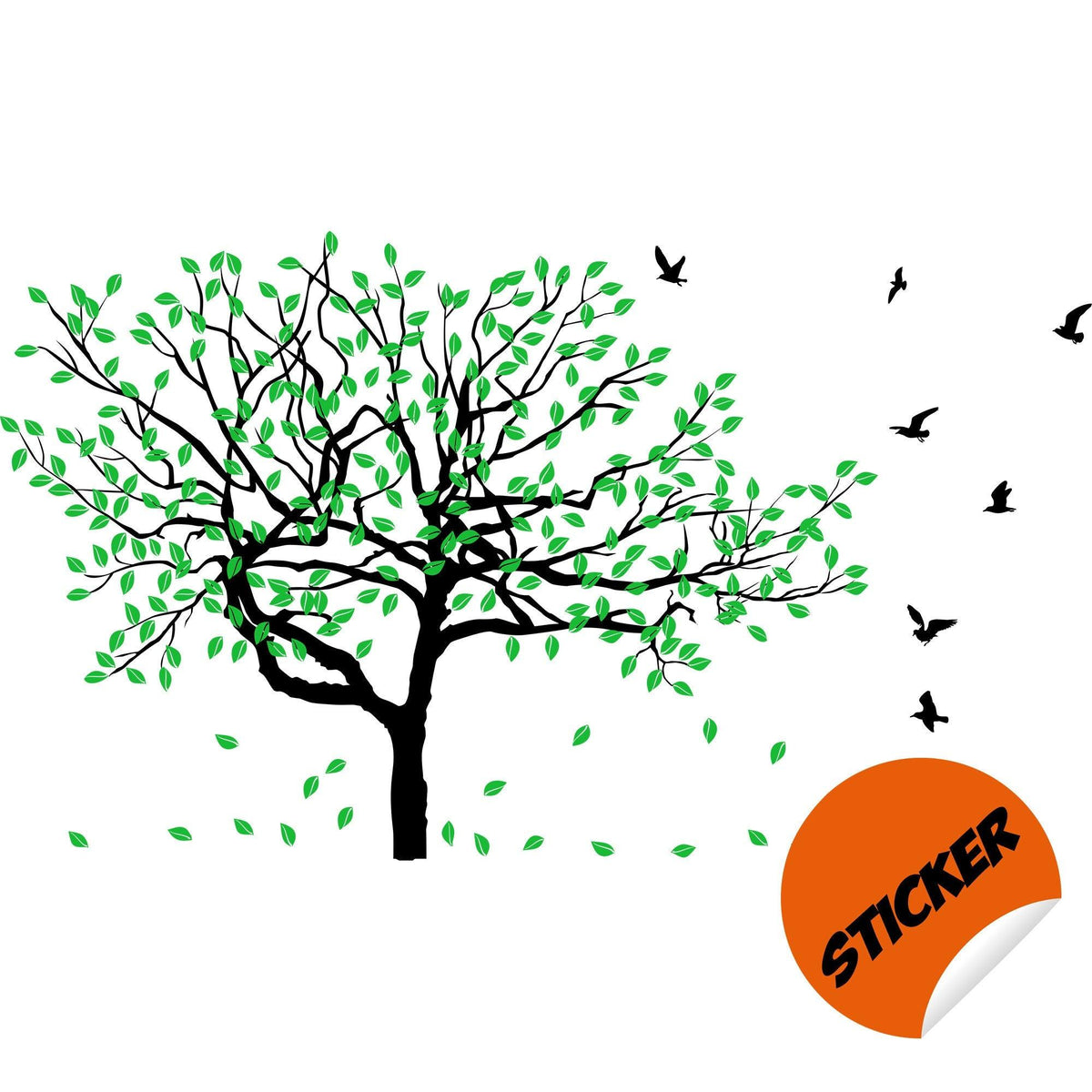 Tree sticker decal featuring detailed branches and green leaves, with birds flying nearby.