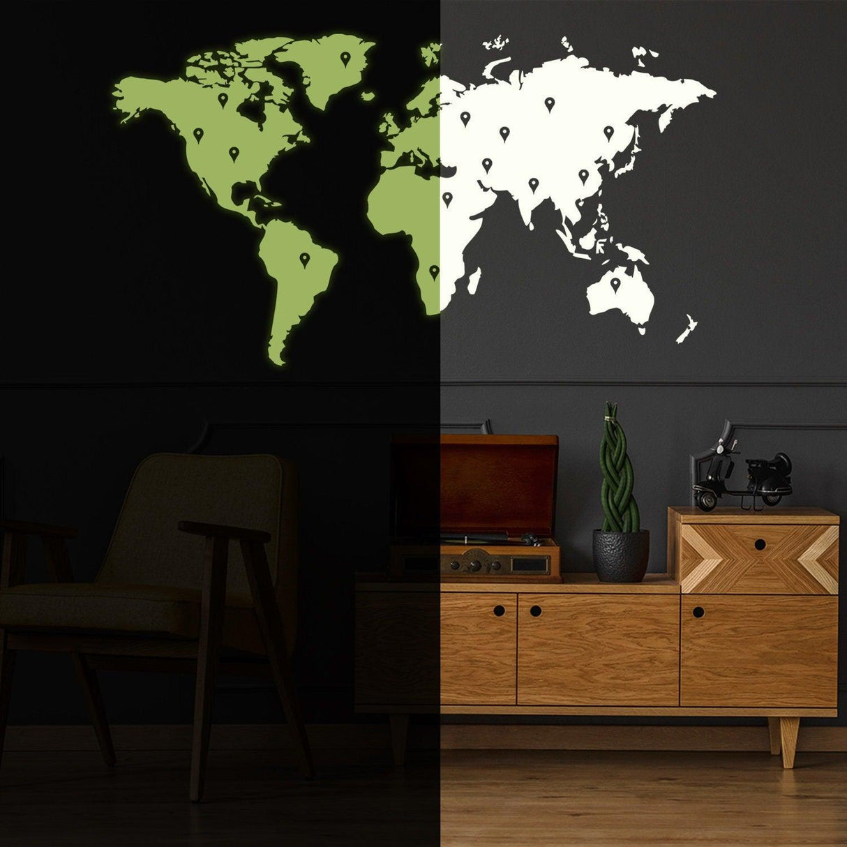 Glow in dark world map vinyl sticker displayed on a wall, showcasing a unique night glowing effect.
