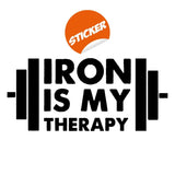 Виниловая надпись Iron Is My Therapy с символами тяжёлой атлетики.