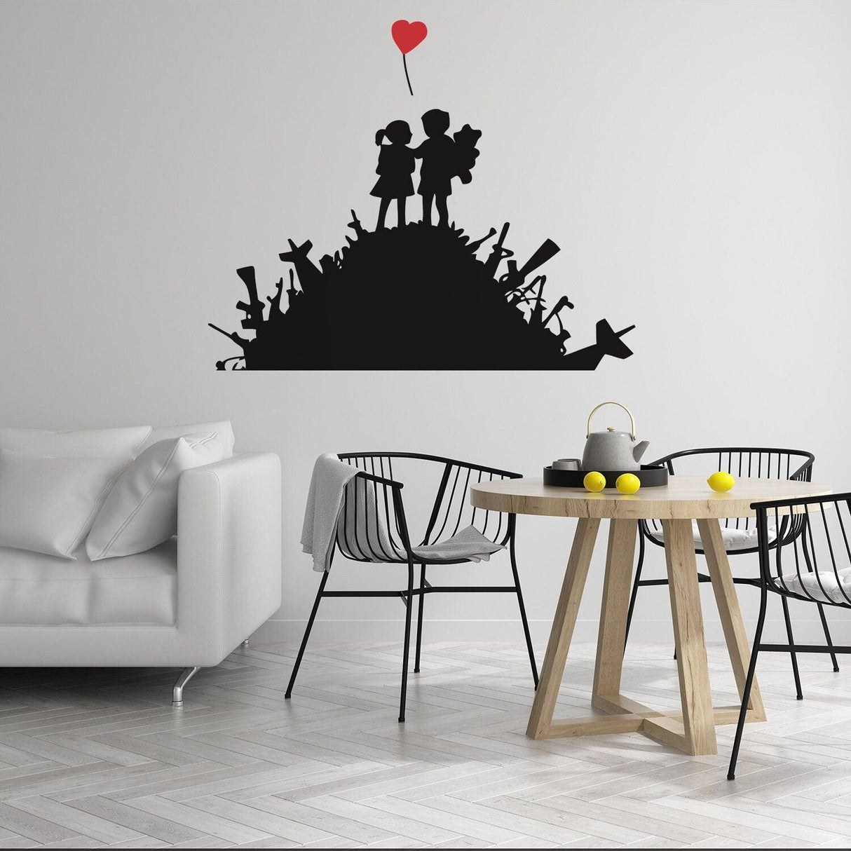 Boy and girl wall sticker with heart balloon above a dining set.