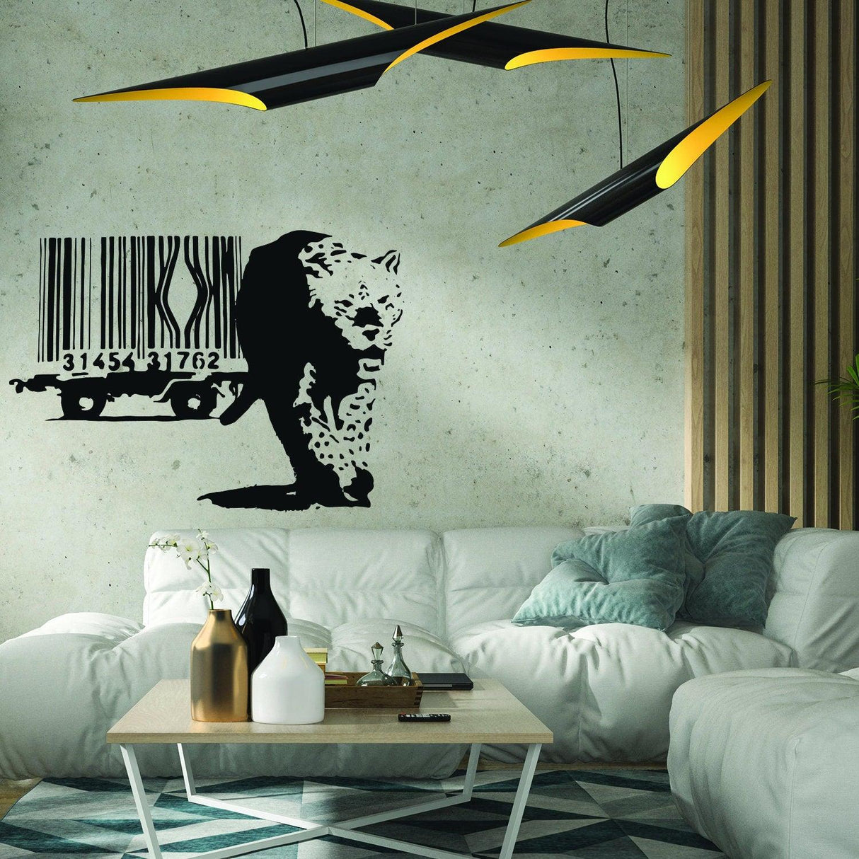 Leopard barcode wall sticker displayed in a modern living room.