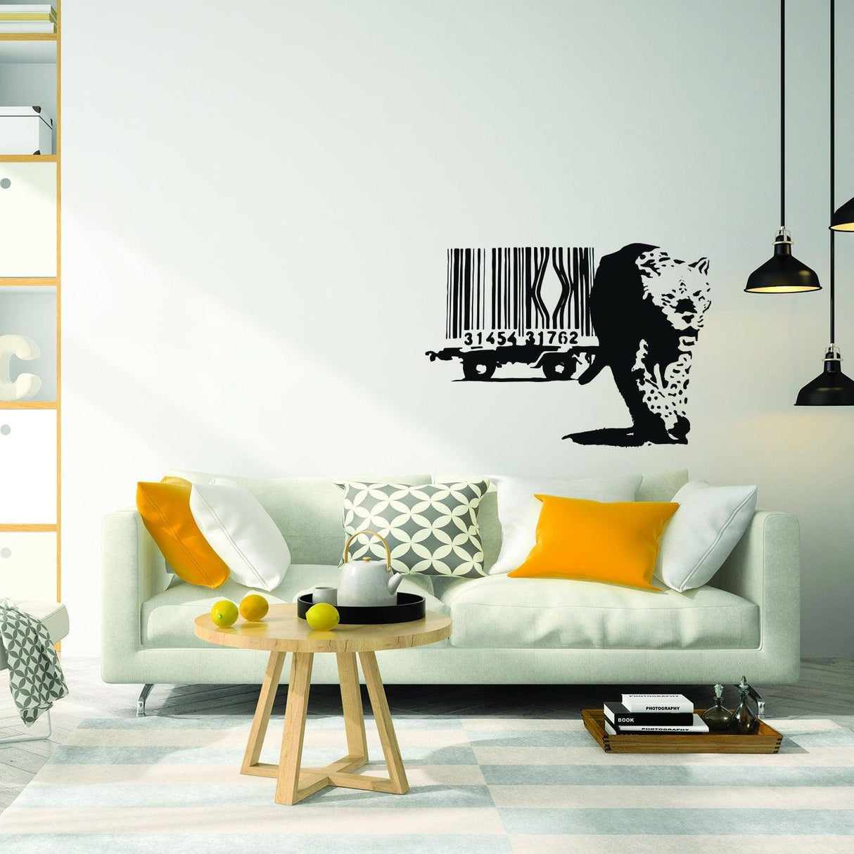 Leopard barcode wall mural in a modern living room.