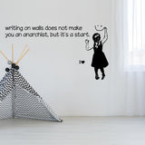 Girl anarchist wall sticker with a smiley-face sign in a modern room.