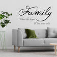 Family quote wall sticker decor on a living room wall, with modern couch and plants in view.