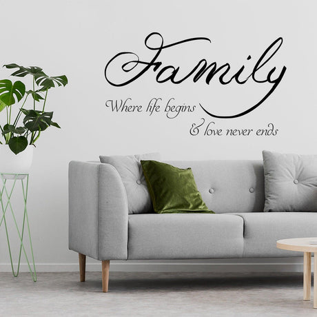 Family quote wall sticker decor on a living room wall, with modern couch and plants in view.