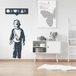 Crying boy with cellphone wall sticker featuring social media symbols.
