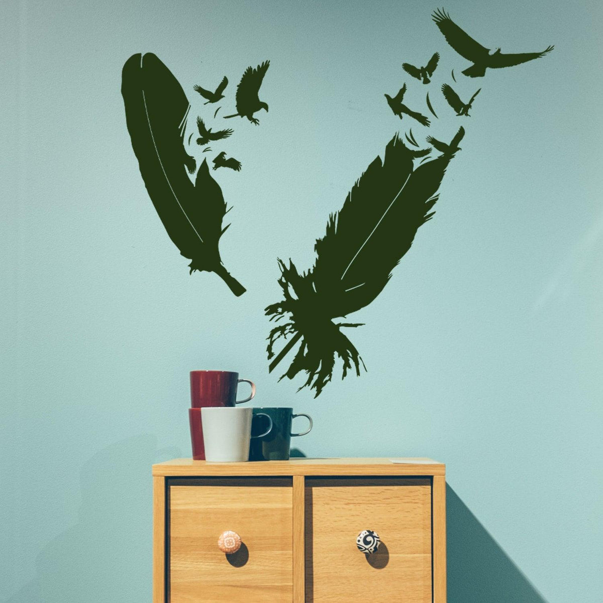 Bird feather wall vinyl sticker with flying birds.