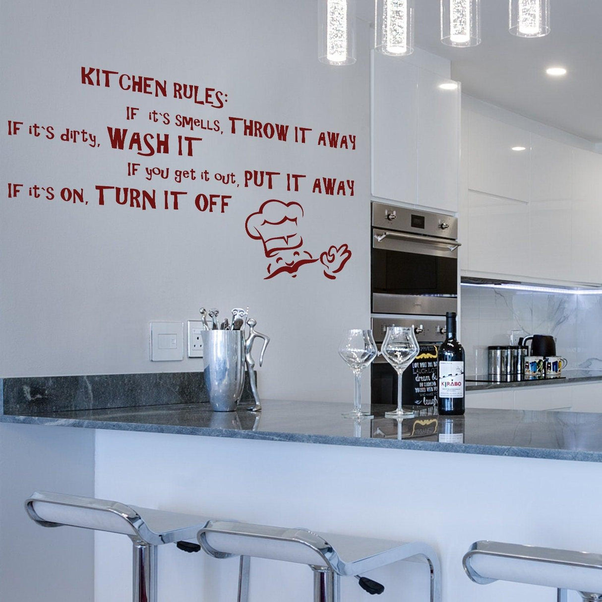 Family kitchen rules vinyl wall decal in modern kitchen decor, featuring humorous quotes about cleanliness and organization.