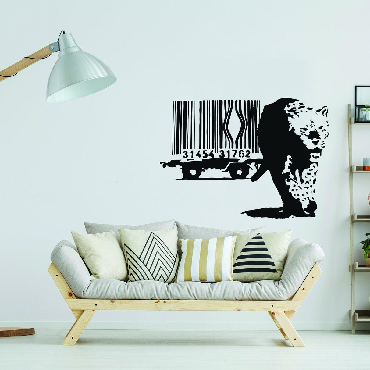 Leopard barcode wall sticker above a modern couch.