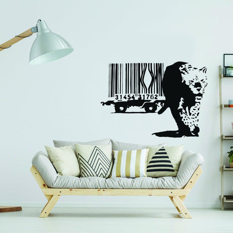 Leopard barcode wall sticker above a modern couch.