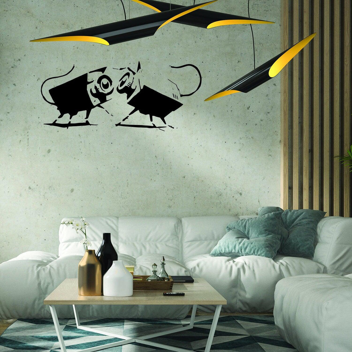 CCTV street art wall decal displayed above a modern living room seating area.