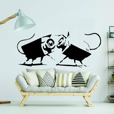 Street art CCTV wall sticker with small animal figures in a modern living room.
