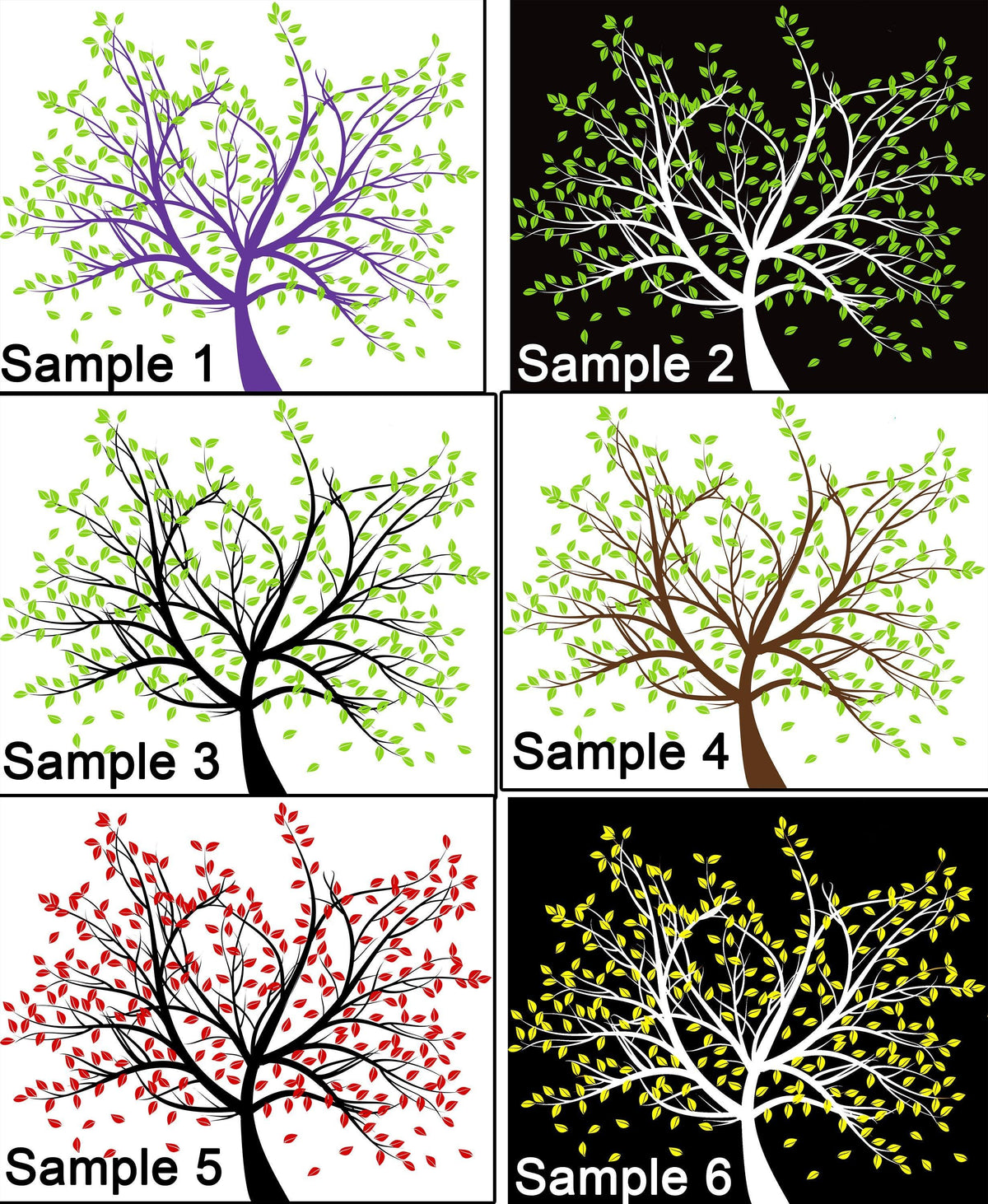 Various tree decal designs in multiple colors with leaves.