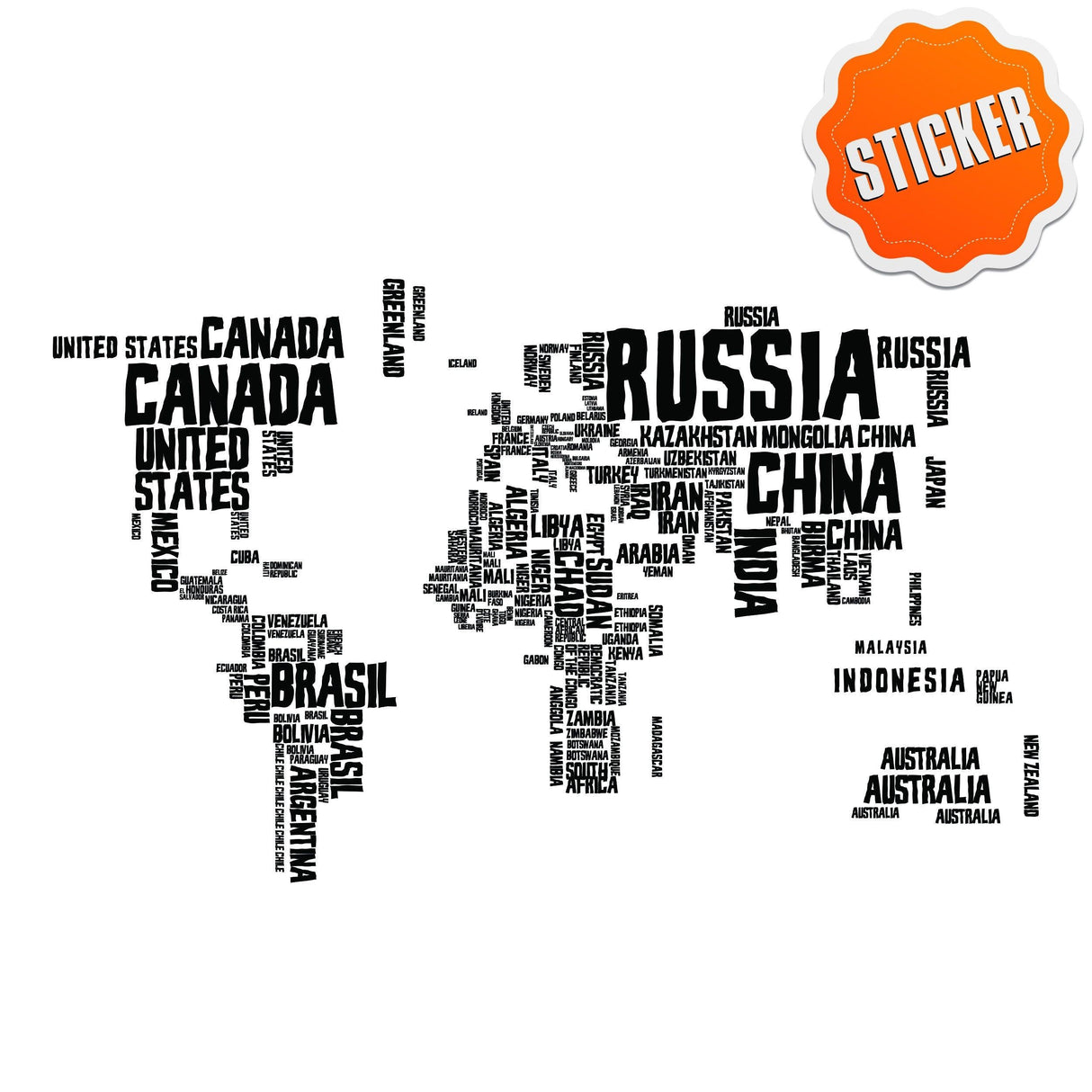 Colorful world map wall sticker featuring country names in playful font.
