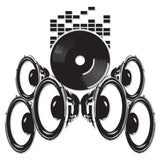 Vinyl sticker of music speakers and a record, showcasing a retro design with a vintage vibe.