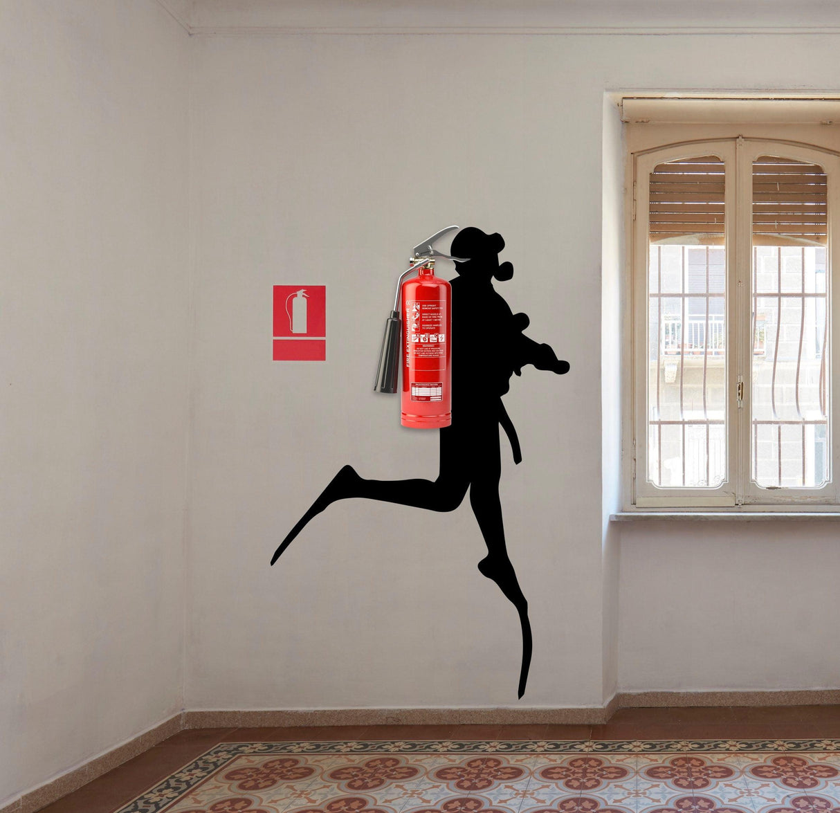 Scuba Diver Wall Sticker featuring a silhouette diving with a fire extinguisher.