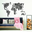Colorful world map vinyl wall sticker with country names.