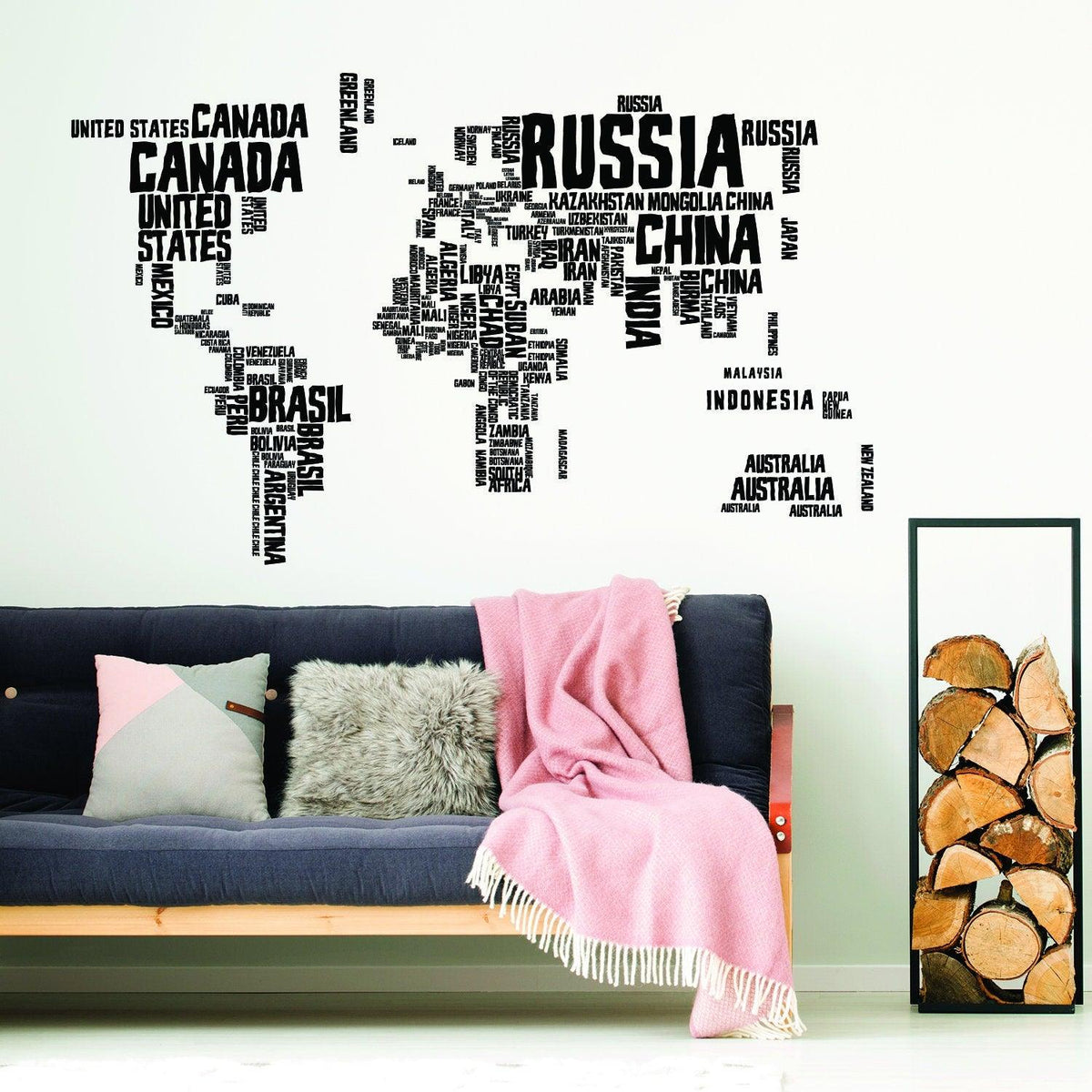 Colorful world map vinyl wall sticker with country names.