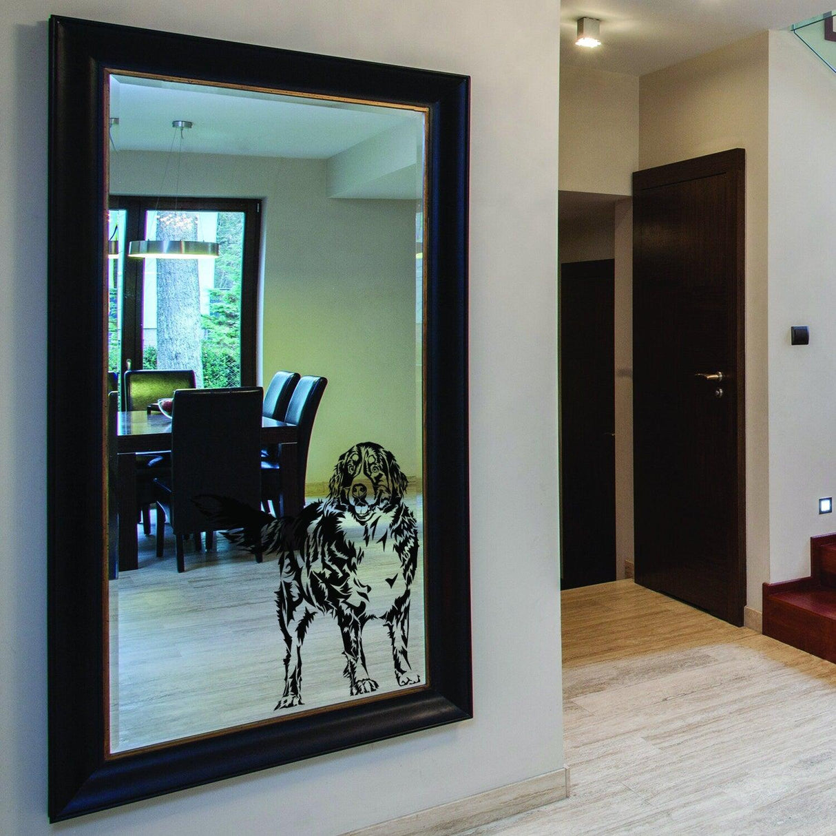 Custom wall decal of a dog on a mirror, showcasing a unique pet portrait in a stylish home setting.