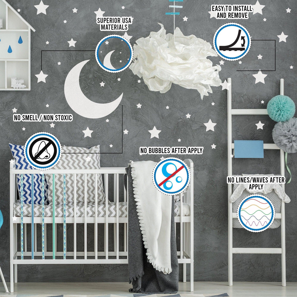 Nursery room featuring 220 white stars wall stickers and moon decor.