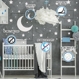 Nursery room featuring 220 white stars wall stickers and moon decor.