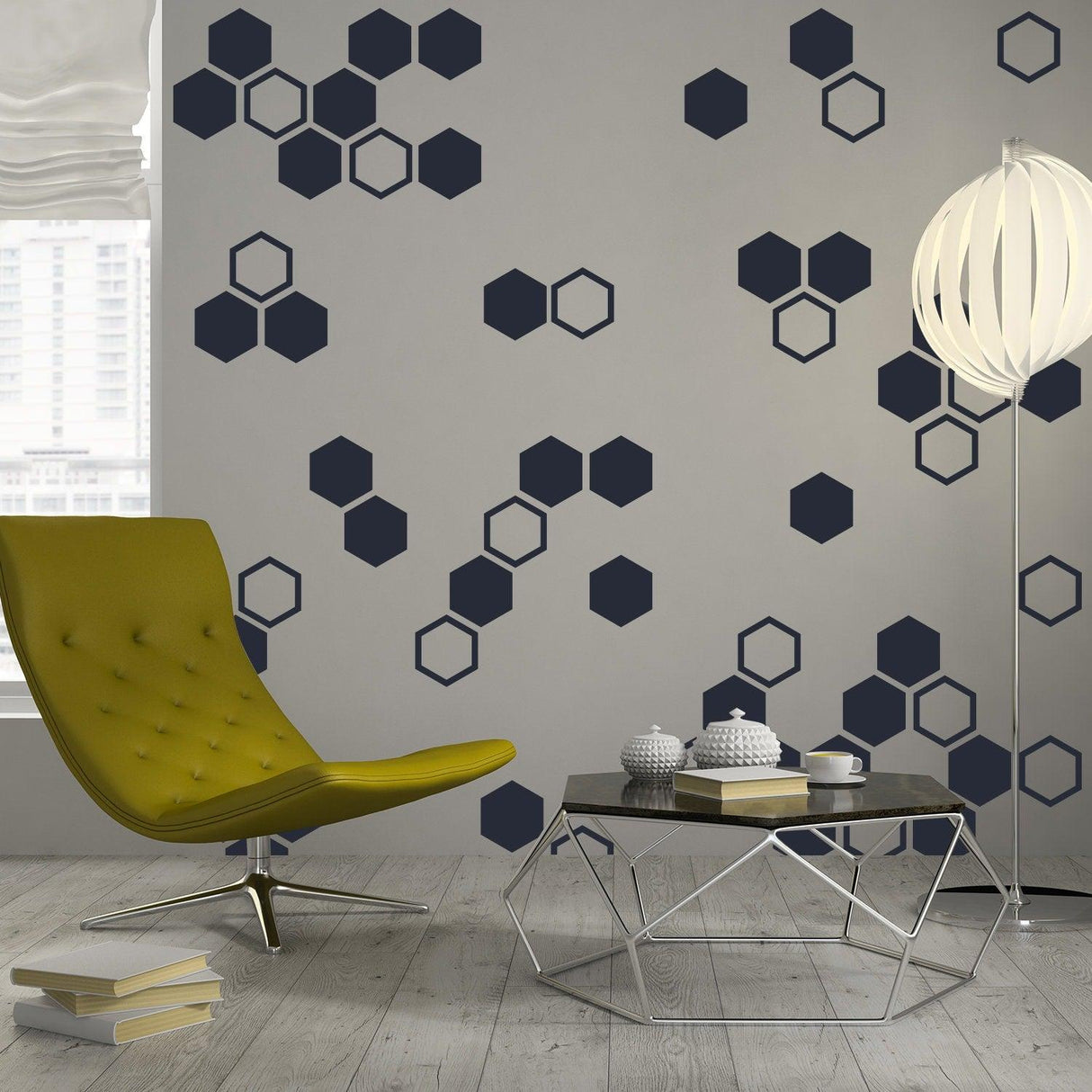 Modern honeycomb wall decals in geometric hexagon design.