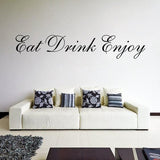 Eat Drink Enjoy wall vinyl sticker above a modern white couch with decorative pillows, adding charm to the kitchen.