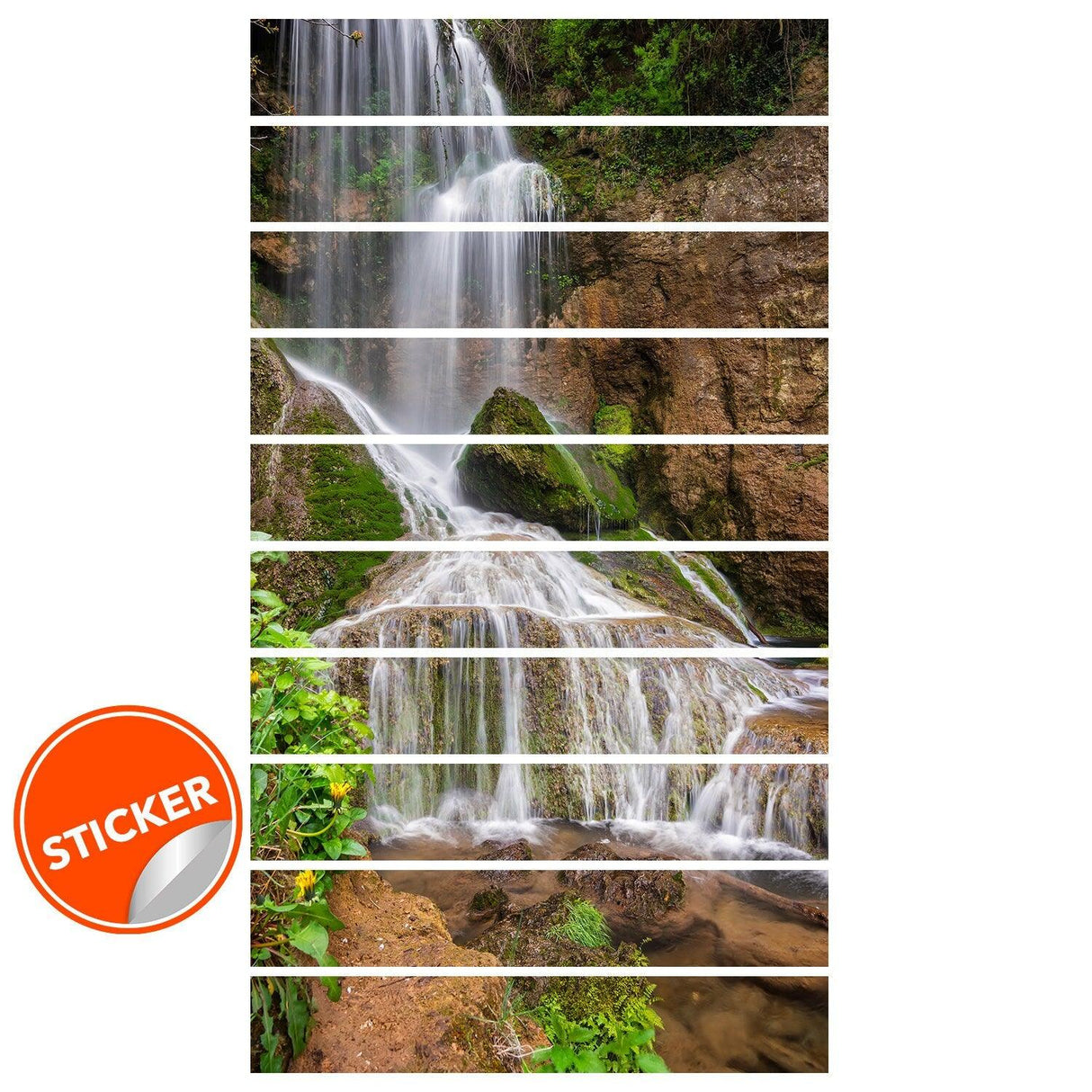 Stair riser vinyl decals featuring a beautiful waterfall design.