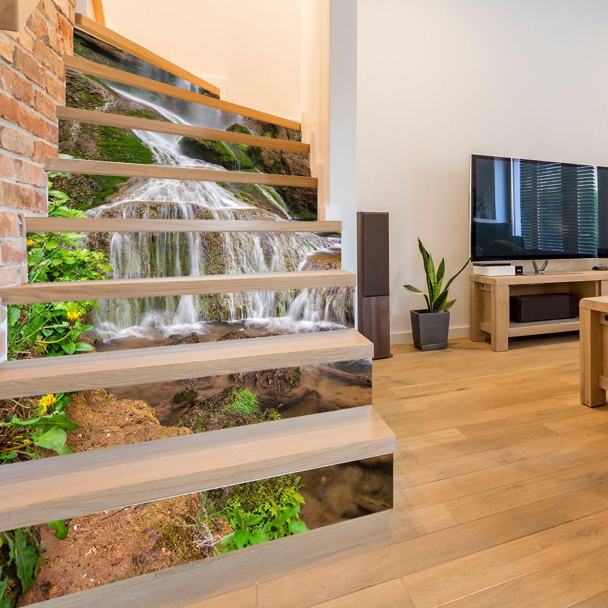 Stair riser vinyl decals featuring a waterfall design, enhancing the staircase's aesthetic appeal.