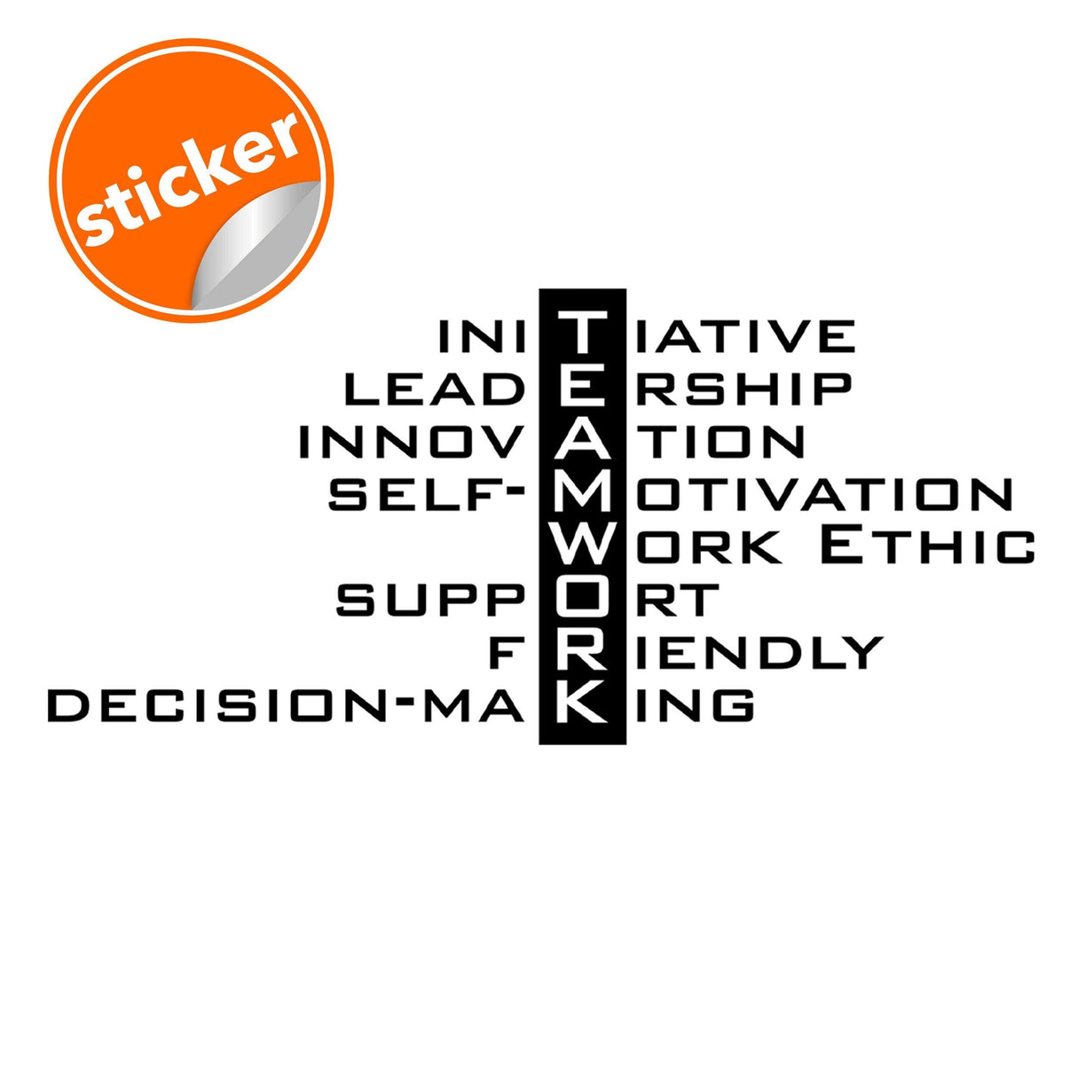 Teamwork office wall sticker featuring motivational words such as leadership, innovation, and support.