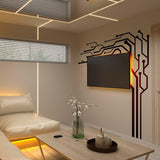 Decorative vinyl decals in a modern living room with a TV, showcasing a circuit design wall art.