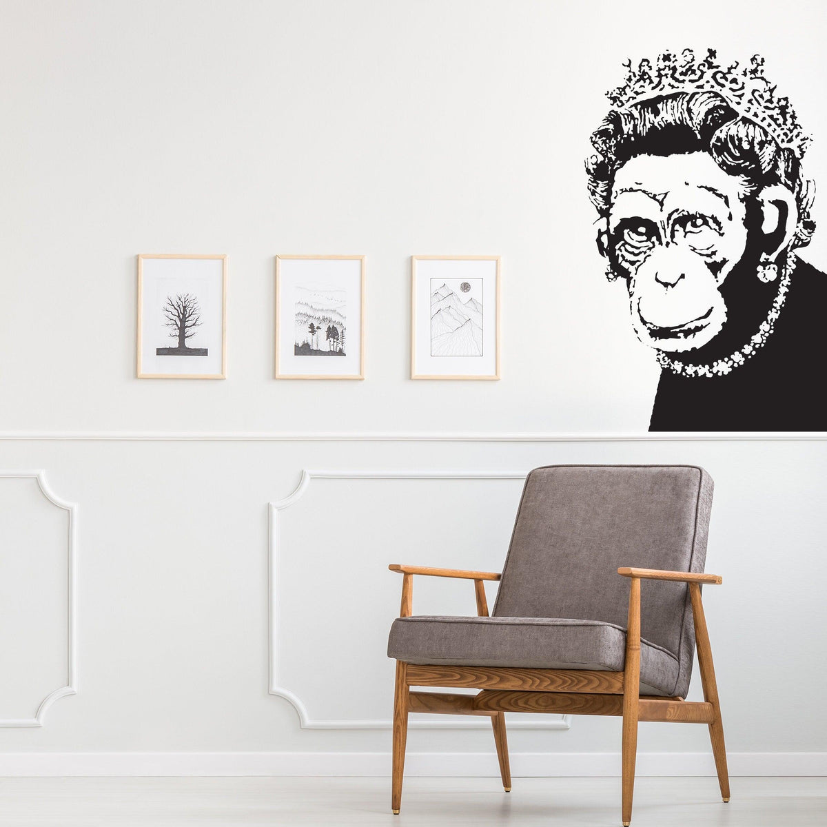 Street art monkey queen wall sticker displayed in modern kitchen decor.