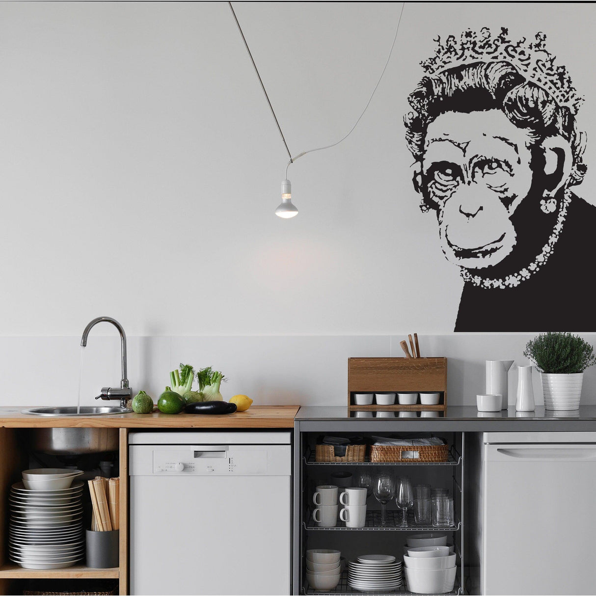 Monkey queen wall sticker displayed in a modern kitchen.