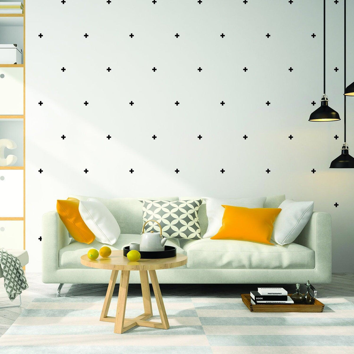 Stylish living room featuring 50x cross sticker vinyl wall decor on white walls.