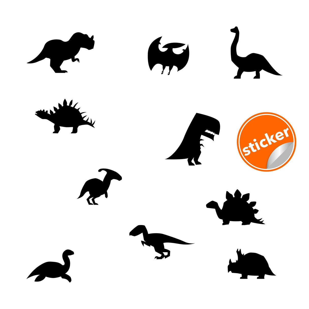 Set of 10 dinosaur silhouette wall decals in black.
