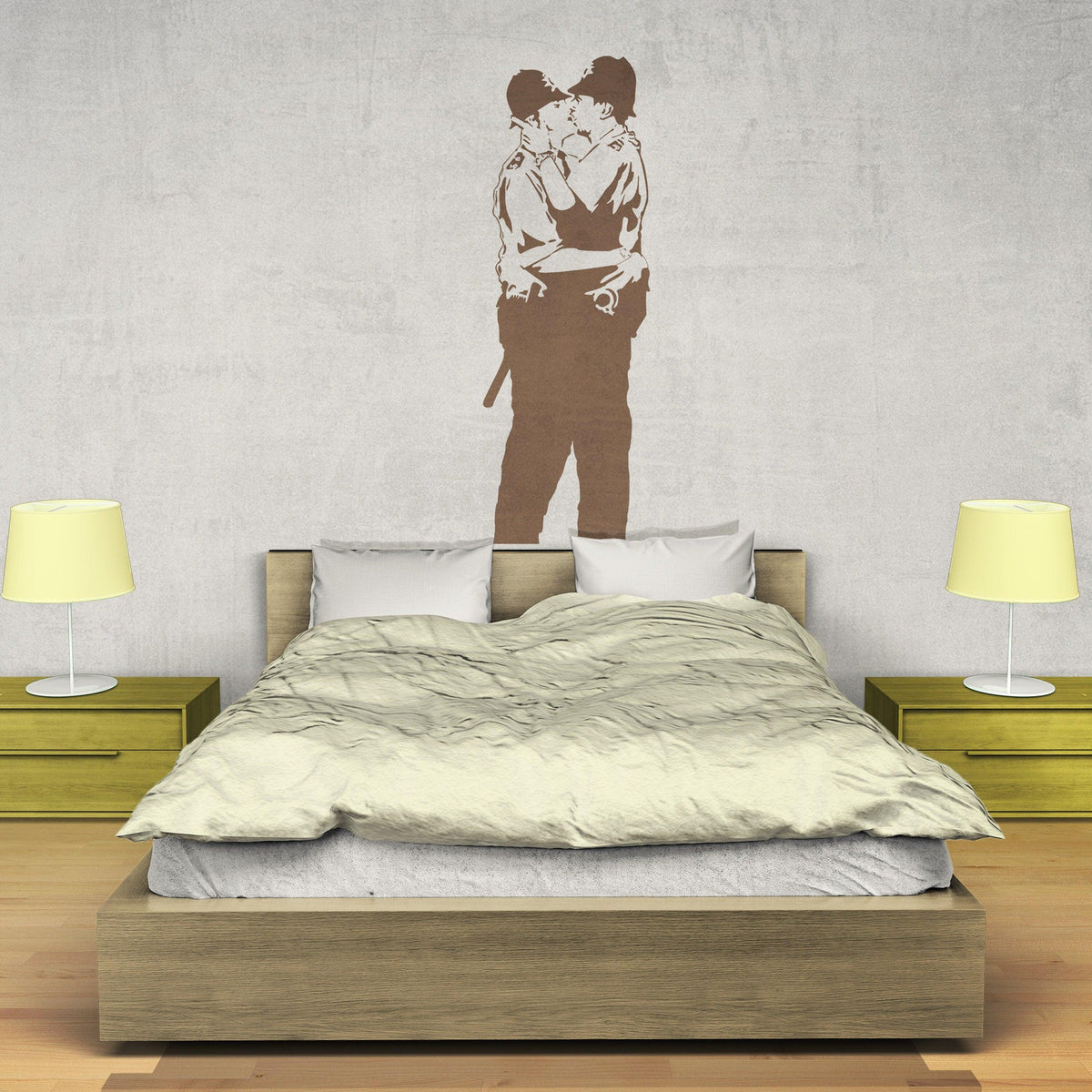 Police kissing wall sticker above a modern bed.