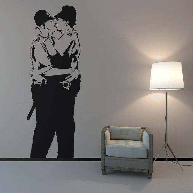 Police kissing wall sticker displayed in a modern living room.