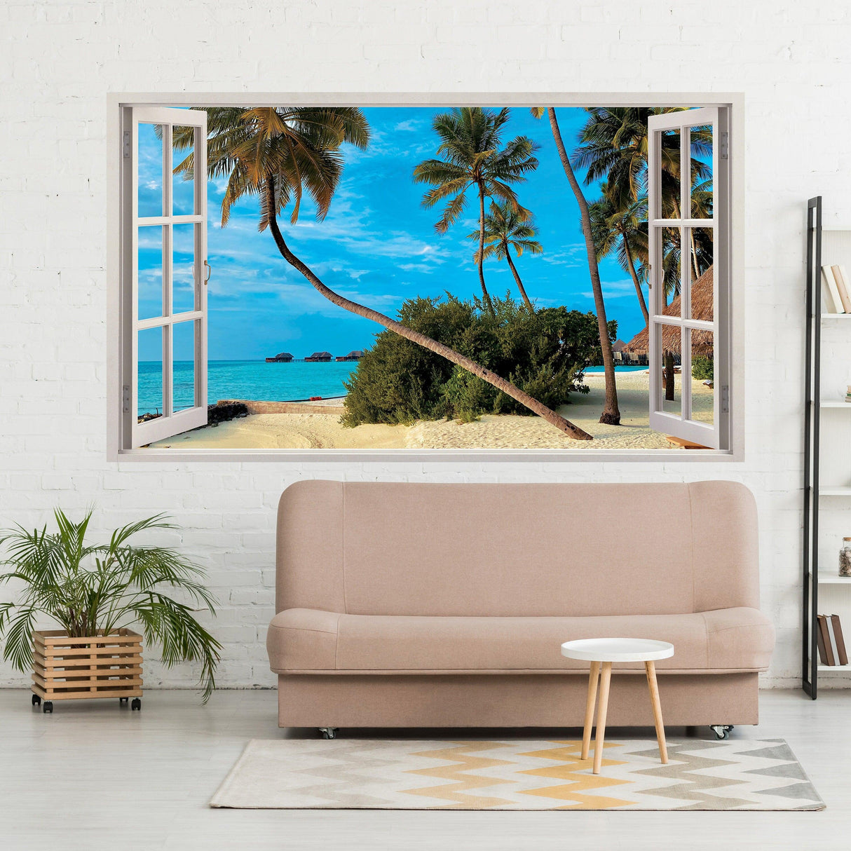 3D window beach view wall sticker showcasing a beautiful ocean scene with palm trees.