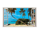 3D window beach view wall sticker featuring palm trees and ocean scene.