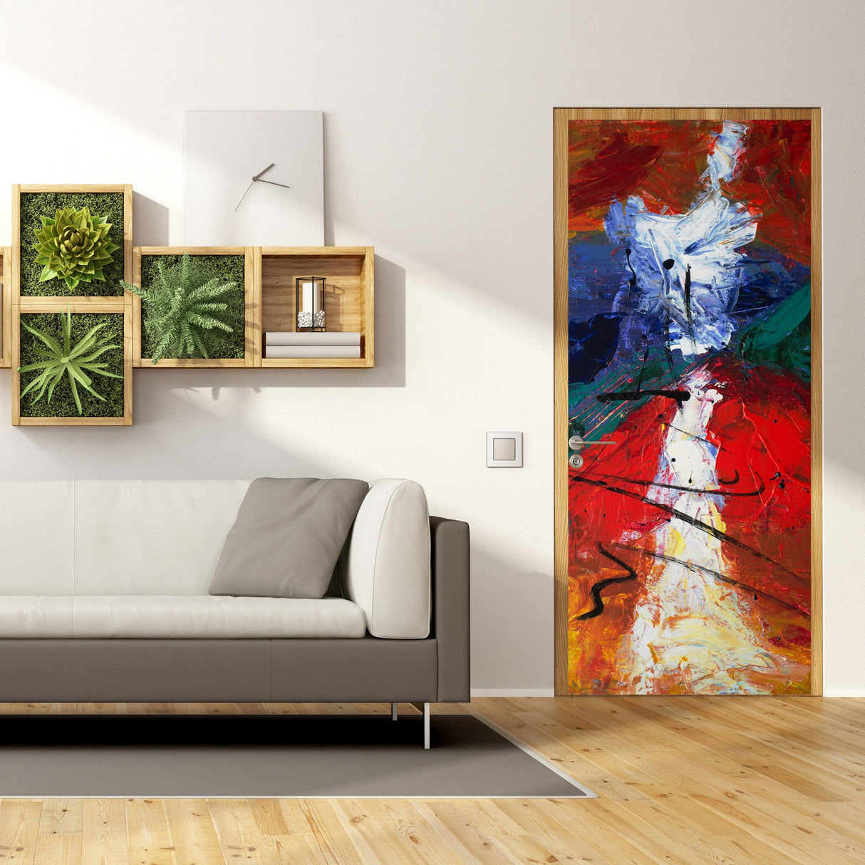 3D door cover sticker featuring abstract wallpaper design in vibrant colors, enhancing modern home decor.