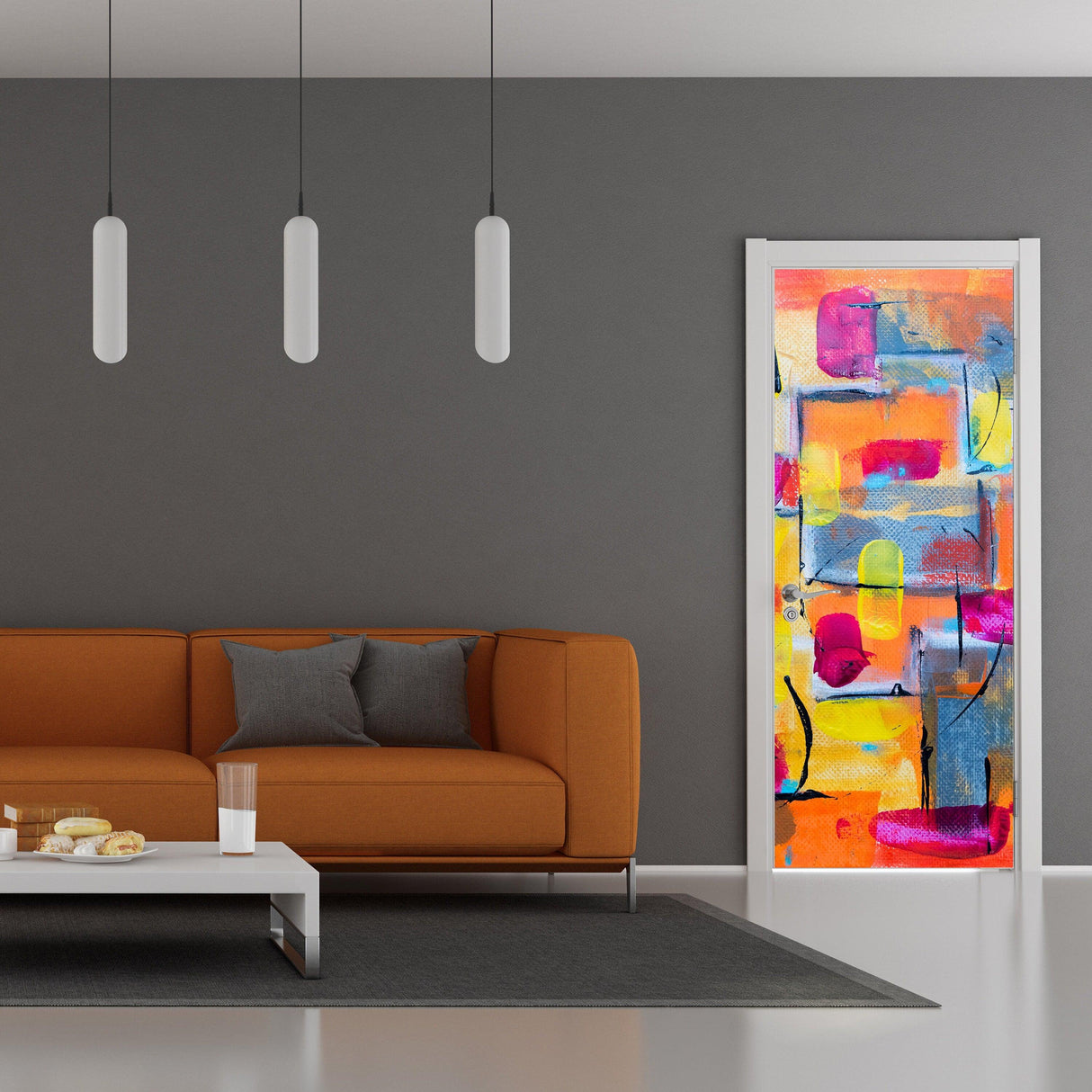 Modern living room featuring a vibrant 3D door cover sticker with abstract wallpaper design.