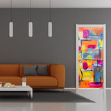 Modern living room featuring a vibrant 3D door cover sticker with abstract wallpaper design.