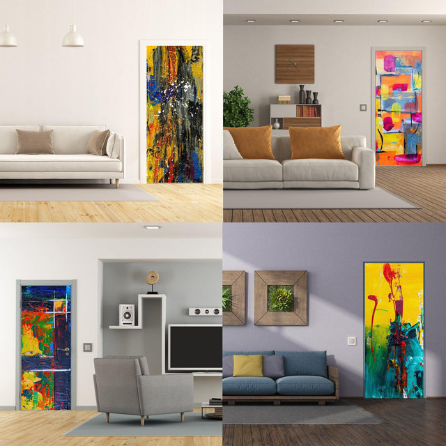 Four stylish interiors showcasing 3D door cover stickers with abstract designs, enhancing modern home decor.