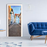 3D door cover sticker featuring a street wallpaper design, transforming a front door with urban charm.