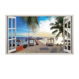 3D window beach view wall sticker depicting a serene ocean scene with palm trees.