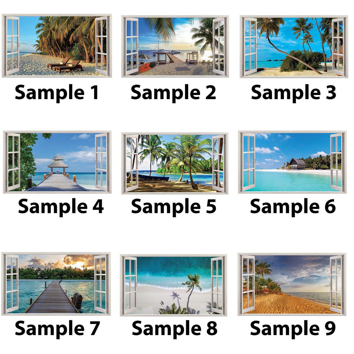 Various designs of 3D window beach view wall stickers showcasing tropical ocean scenes.