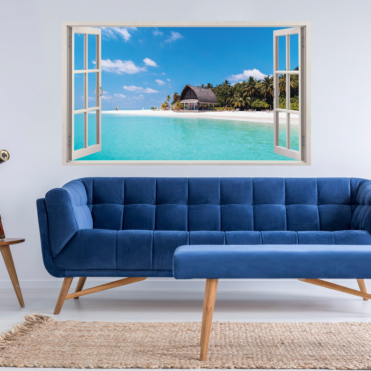 3D window beach view wall sticker with a serene ocean scene, enhancing a modern living room decor.