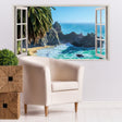 3D window beach view wall sticker showing ocean scene with palm trees.