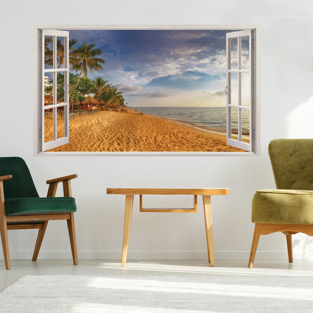 3D window beach view wall sticker showing a sandy beach and ocean.